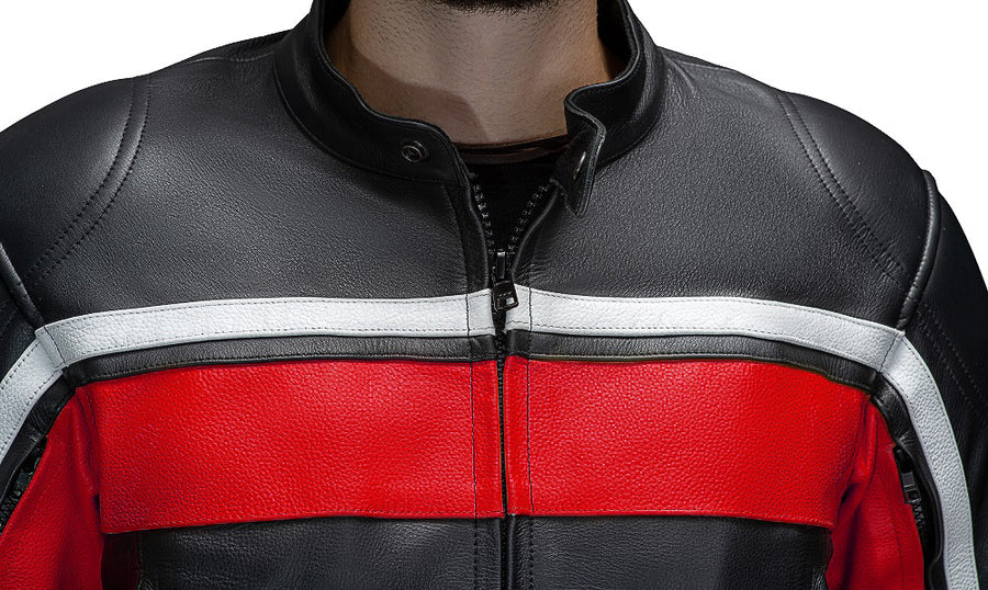 LEGACY RED MOTORCYCLE RACING LEATHER JACKET  close-up photo