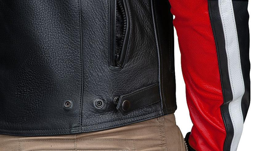 LEGACY RED MOTORCYCLE RACING LEATHER JACKET  close-up photo